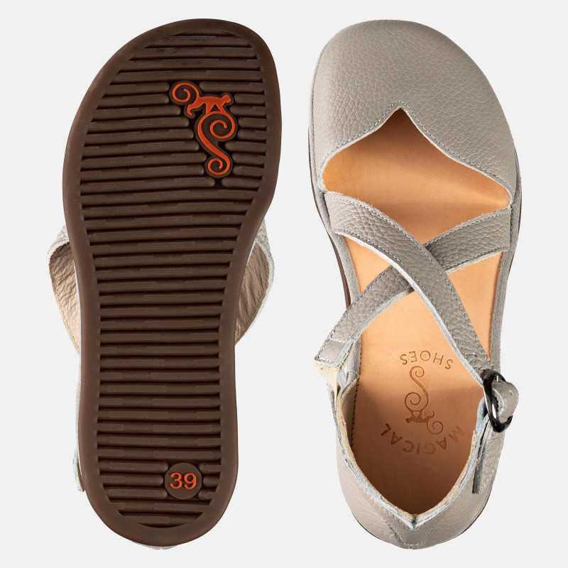 Graue Barfuß‑Sandalen – Leder, breite Zehenbox | Magical Shoes